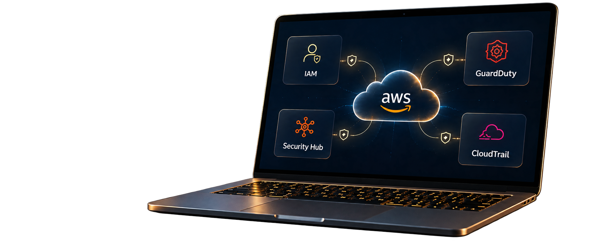 Laptop displaying AWS cloud security services including IAM, GuardDuty, Security Hub, and CloudTrail